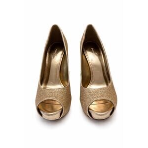 Jacqueline Ferrar Champagne Gold Glitter Peep-Toe Platform Pumps Size US 7.5